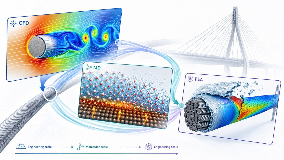Graphical abstract: CFD, molecular dynamics, and FEA linked across scales for stay-cable wind and ice hazards